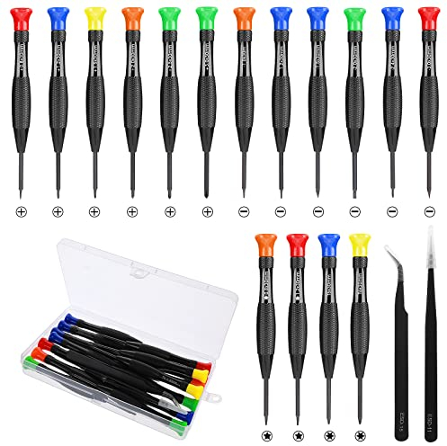 Juego de 18 mini destornilladores, juego de destornilladores magnéticos pequeños para reloj, juego de destornilladores Phillips Torx estrella micro ranurados y pinzas en diferentes tamaños para reloj,