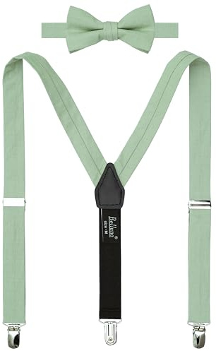 BELLUNO Dusty Sage Pre-tied Bow Tie and Suspenders Set, Cotton and Linen, Kids and Schoolers
