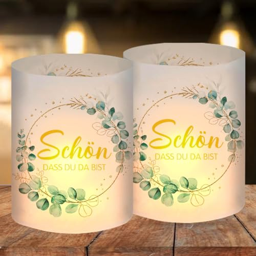 12 portavelas decorativas para mesa, diseño con texto en alemán Schön DASS du da bist, color verde eucalipto, decoración de mesa, bautizo, confirmación, primera comunión, baby shower