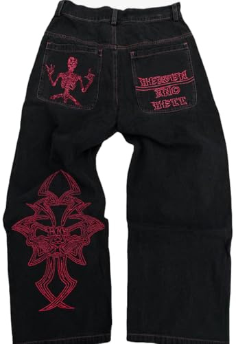 OATSBAS Y2K Beggy Jeans pour homme et femme - Pantalon en denim avec broderie tête de mort - Style gothique - Pantalon droit à jambe large