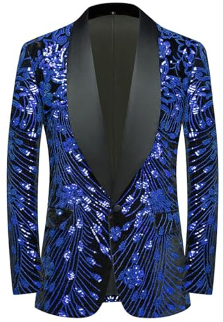 CARFFIV Men's Paillettes Velluto Stage Party Prom Wedding Dinner Symmetry Suit Jacket Blazer,Royal Blue,XS