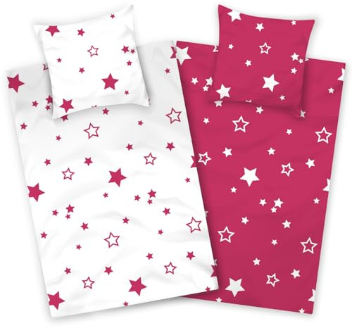 Aminata kids Bettwäsche 135x200 Baumwolle Sterne weiß pink Stern-Motiv, Reißverschluss weich & atmungsaktiv, Bettwäsche-Set Damen Mädchen - Wendebettwäsche