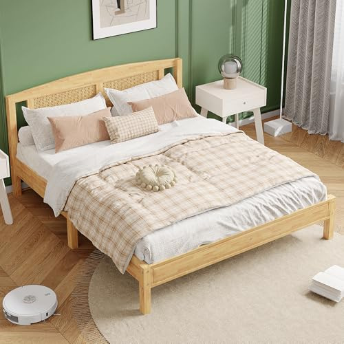 Soweiz Letto matrimoniale, in rattan, per adulti, 160 x 200 cm, con 15 doghe e piedi centrali, pino + rattan sintetico, colore: naturale