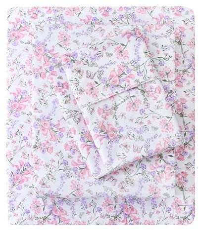 Mooreeke Cozy Vintage Microfiber Printed Full Sheet Set - Soft Breathable Percale Cotton Floral Bed Sheets with Deep Pocket - Non-Slip Fitted Design - Pink Purple Flowers Pattern