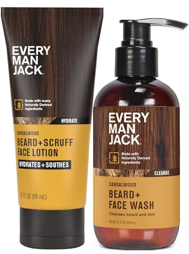 Every Man Jack Men's Beard + Face Wash & Scruff Face Lotion Set - Subtle Sandalwood Scent - Naturally Cleanse, Hydrate, and Soothe Your Beard & Skin