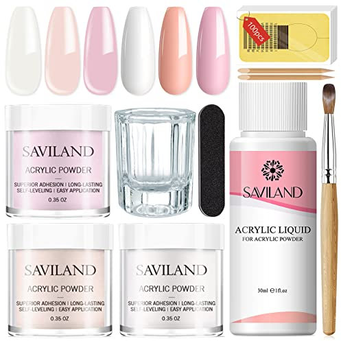 SAVILAND Set di Unghie Acriliche: 3 Colori Polvere Acrilica Rosa Chiaro Nudo 30ml con Liquido e Pennello Acrilico Strumenti per Principianti Unghie Acriliche Fai da Te