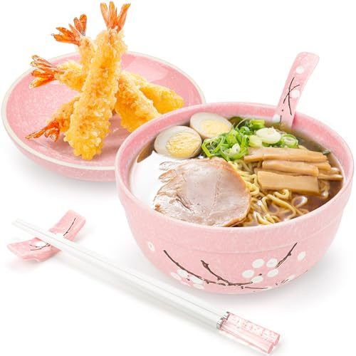 GIOVARA Bol à ramen en céramique (800ml) avec couvercle, cuillère et baguettes, ensemble de bols à ramen en céramique, bols en céramique pour soupe aux nouilles Ensemble pratique pour cuisine, bureau