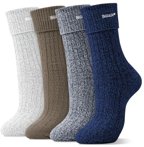 Beaulov Lot de 4 Paires Chaussettes Homme Laine Mérinos Hiver Très Chaudes Confort Extra Doux Emboîtement Plissé
