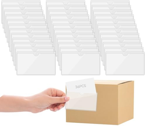 36 stycken genomskinliga etiketthållare, 10 x 6 cm självhäftande etiketthållare, genomskinliga självhäftande kortfickor, transparent självhäftande etiketthållare, vattentät, för hemmakontor, skola