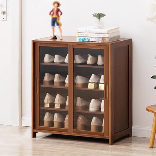 MESCXTY Zapatero con Puerta corrediza de Dos vías, Armario Vertical de bambú de 4/8 Niveles, Estrecho, de acrílico, Independiente, 32 cm de Profundidad, Apto para Sala de Estar y Entrada.