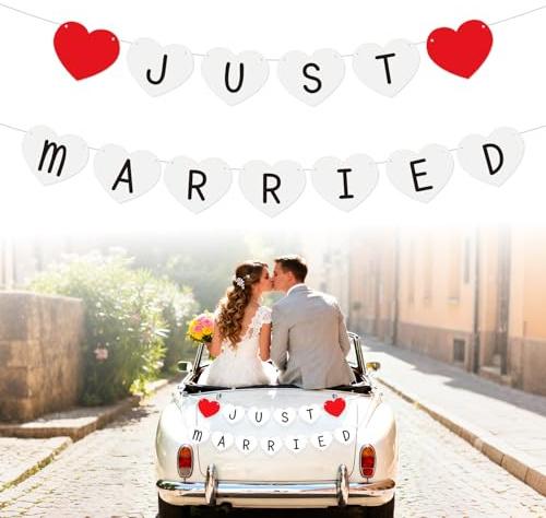 Just Married Girlande,Deko Hochzeit Girlande,Vintage Wimpelkette,Just Married Auto Deko Hochzeit Banner für Wedding Brautdusche Hochzeitszeremonie(Herzform)