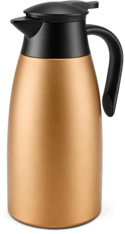 Foymlon 2 l termoskanna, dubbelväggig kaffekanna 304 rostfritt stål vakuumkanna 24 timmar värmeisolering kall för kaffe, mjölk, te, vatten, dryck, gyllene