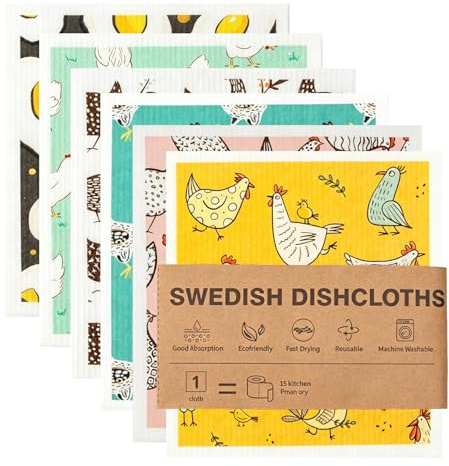 HIVTE Paños de Cocina - Pack de 6 bayetas suecas Reutilizables y compostables, Trapos de Cocina de Secado rápido y sin Olor para Lavar Platos (Pollo)