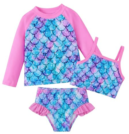 Supcomsta Girls 3 Piece Bikini Set, UPF 50+ Mermaid Scale Swimwear, Quick Dry Kids Tankini Rash Guard Swimsuit for Beach Pool Swimming (UK, Age, 7 Years, 8 Years, Regular, Pink Mermaid)