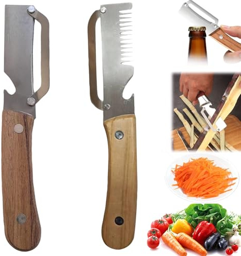 2/4 Piezas Pelador Verduras Multifunción con abridor de botellas,3 en 1 Cuchillo Pelador con Hoja de Acero Inoxidable y Mango de Madera Ergonómico,Ideal para frutas y verduras (Peladora+Ralladora)