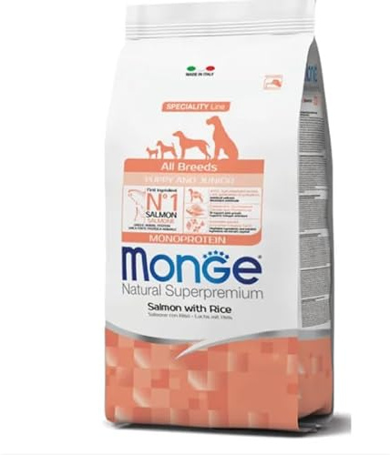 Monge Natural Superpremium Monoprotein, Cibo Secco per Cuccioli di Tutte le Razze, Salmone con Riso, 1 sacco da 12 kg