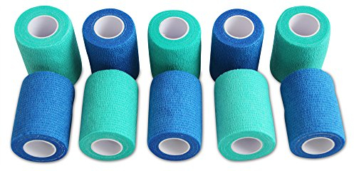 PintoMed Selbstklebender Verband, Gedehnt-5 x Blau + 5 x Grün - 7,5cm x 4,5m Bandagen Rollen - Haftbandage Fixierbinde selbsthaftend Health Pflaster sport tape Stück für Handgelenk, Bein,Arm,vet wrap