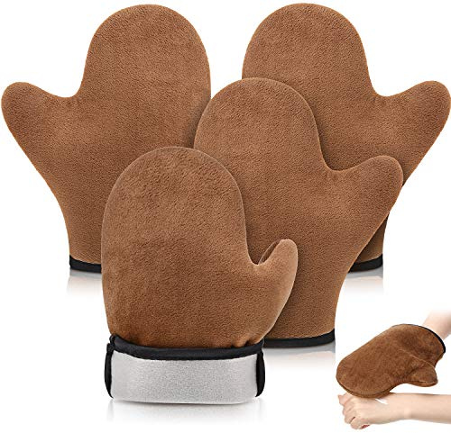 SATINIOR 4 Packs Self Tanning Mitt Applicators Double Sided Sunless Tanning Mittens Reusable Applicator Mittens Tanner Gloves with Thumb(Brown)