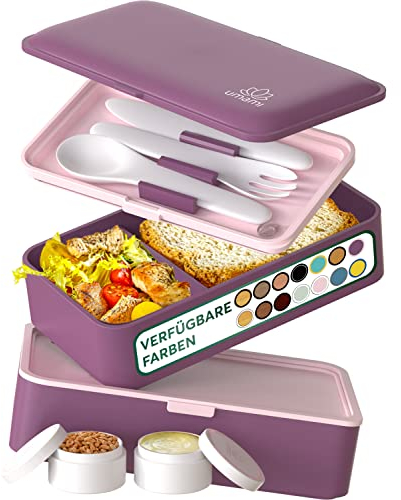 Umami Lunchbox Erwachsene, Auslaufsichere Bento Box mit Fächern und 4 Bestecke, Brotdose Erwachsene, Salatbehälter To-Go, Lunch Box für Picknick/Büro, Königliches Lila, 1200 ml