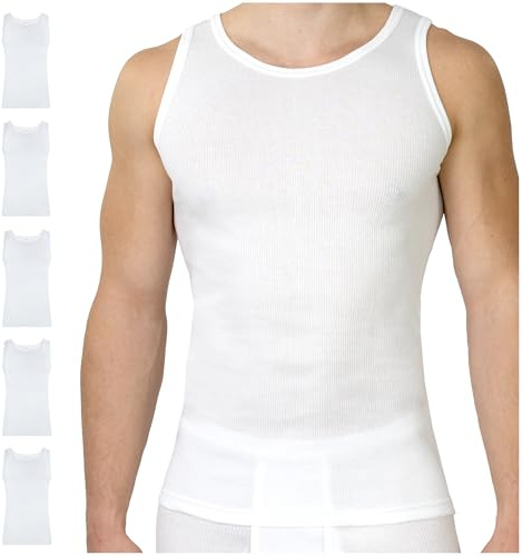 SES Paquete de 5 camisetas interiores de doble canalé para hombre, 100% algodón, con ajuste ceñido al cuerpo, Blanco, XL