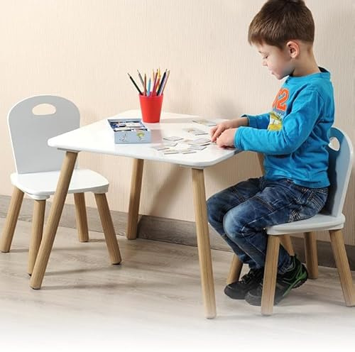 Mdf Juego de mesa infantil con 2 sillas | Grupo de asientos aprobado FSC | Mesa de madera, incluye 2 tronas | Afm: Mesa 55 x 45 x 55 cm. | Afm: Silla 27 x 53 x 27 cm. | 3 - Juego de piezas | Color: