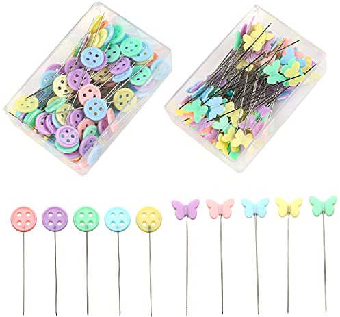PFLYPF 100 Stück Nähnadeln, Kratznadeln mit Aufbewahrungsbox, Blumenknopfnadeln, Knopfnadeln, Näh- und Bastelnadeln aus Stahldraht + Kunststoff, Modern und Trendy, Couleur