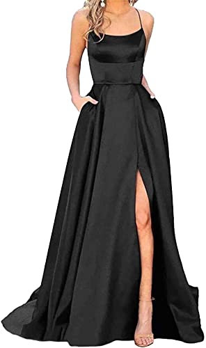 xxxiticat Damen Elegant Lange Ballkleider mit Taschen Satin A-Linie Backless Hochzeitskleid Abendkleider Sexy Neckholder Spaghetti Brautkleid Kleider Lang Prinzessin Brautjungfer Kleid (BL-M)