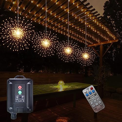 4 Pcs 800LED Solar Starburst Sphere Lights,Firework Light Remote Control Timer 8 Modes Dimmable Waterproof Hanging Fairy Lights, Sparkly Light for Patio Garden Tent Outdoor(Warm White)