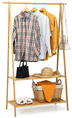 COSTWAY Bamboo Clothes Rail Stand, Freestanding Coat Garment Rack with Hanging Rod, 2 Shelves and Hooks, Open Wardrobe Clothing Hanger Storage Organiser for Bedroom Hallway (Triangular Structure)