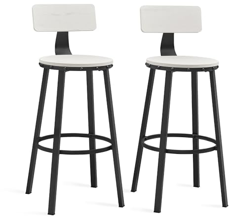 VASAGLE Barhocker, Industrial, 2 Stück, Küchenstühle, mit Rückenlehne, Stahlrahmen, 73 cm hoher Sitz, einfache Montage, industrieller Stil, rustikales Weiß und Schwarz LBC026B73V1