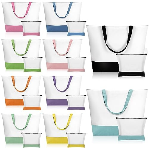Sanwuta 20 Pcs Large Blank Canvas Tote Bags and Makeup Bags Blank Reusable Grocery Luggage Canvas Tote with Handles (Airy Pastel Pack)