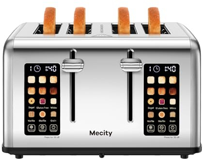 Mecity 4 Slice Toaster with Touch Screen Control, 4 Wide Slots, Stainless Steel Smart Bread Toaster for Bagels, Muffins, Waffles, Dual Control Panel, Timer, Defrost, Reheat, 120V 1650W
