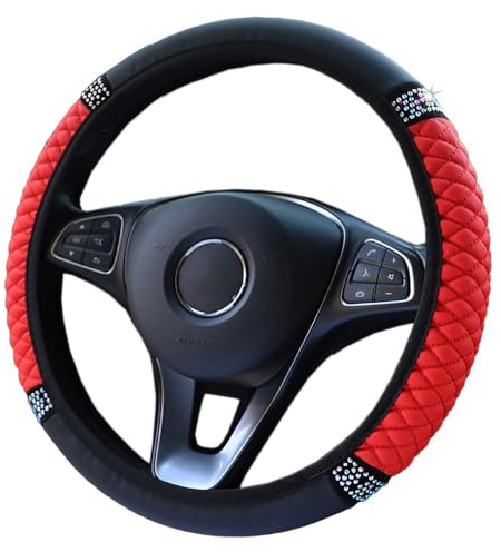 Universellt rattöverdrag, halkskydd romb PU läder, kristall glitter, bling, bil, rattskydd, diameter 37–38 cm, elastiskt rattskydd, rattskydd, bildekorationstillbehör, röd