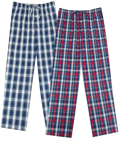 Vulcanodon Men's Cotton Woven Pajama Pants, Soft Plaid Sleep Pants 2 Pack | Soft 100% Cotton Pajama Pants with Breathable Woven Fabric, Front Fly & Deep Pockets for Sleeping, Lounging and Relaxing
