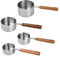 4 Stück Kupfer Edelstahl Messlöffel und Messbecher mit Holzgriff Set, Löffel Messwerkzeuge, Gold Poliert für Küche Kochen Backen Tee Kaffee Trockene und Flüssige Zutaten (Edelstahl)