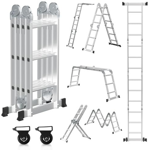 Cecaylie Escalera multiusos de 3,6M 4x3M, plegable, escalera de trabajo de aluminio 7 en 1, escalera multifuncional con 2 plataformas de andamio y 2 ruedas, hasta 150 kg