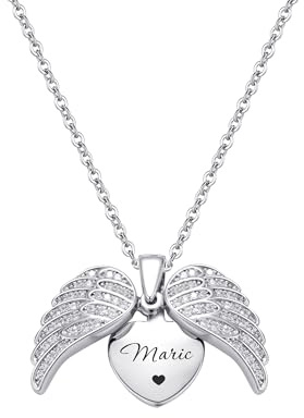 Svyqwmz Collier Ailes d'Ange Personnalisé avec nom gravé Collier avec pendentif en coeur Cadeau commémoratif pour les couples Femmes Hommes