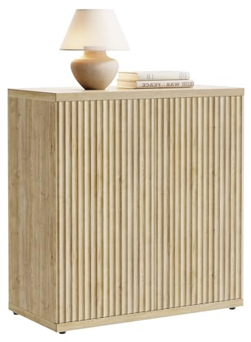 RUMBALUXY Fluted Buffet Cabinet Sideboard with Storage, Wooden Credenza with 2 Doors & Adjustable Shelf, Modern 15 Deep Accent Cabinet for Living Room, Kitchen Dining Room Entryway,Natural Oak