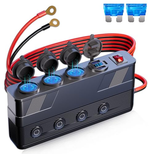 Moqidong Cargador Mechero Coche 12V 15A: Interruptor Independiente Enchufe Mechero 12V, Cable de 3M, 180W Cargador de Coche Carga Rapida USB 2A&2C, Toma USB 12V, Enchufe para Encendedor de Cigarrillos