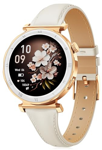 BOALZETD Smartwatch dam – elegans i liten med 1,19 tums AMOLED-skärm och smalt läderarmband, fitnessklocka med stegräknare, sportlägen, puls/spo2/sömnmonitor för iOS/Android, roséguld/polarstjärna
