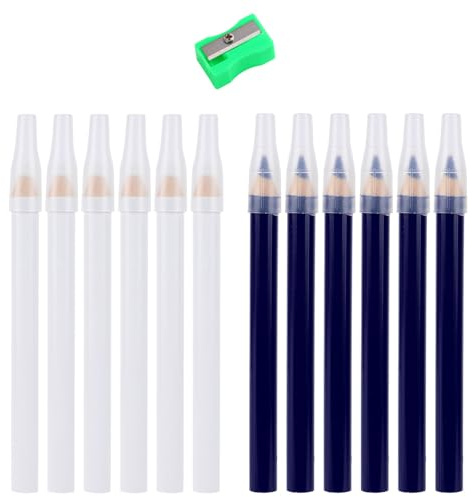 Goktvai 12 Pezzi Matita per Tessuti con Temperino, Bianca e Blu Idrosolubile Pennarelli da Cucito Gesso Sarto per Fai Da Te Lavorazione del Legno Sartoria Quilting e Marcatura Cucito