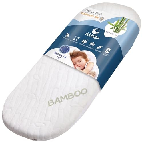 DOLCI SOGNI Materasso Culla Neonato 35x75 cm - Materassino Navicella - 100% Made in Italy - OEKO-TEX® e CertiPUR™ - Materasso Lettino Neonato con Fodera in Fibra di Bambù Lavabile