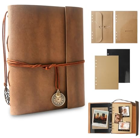 Vintage fotoalbum för egendesign, 3-ringboksbok av konstläder med 20 sidor kraftpapper, scrapbook och minnesbok för bröllop, födelsedag och årsdag