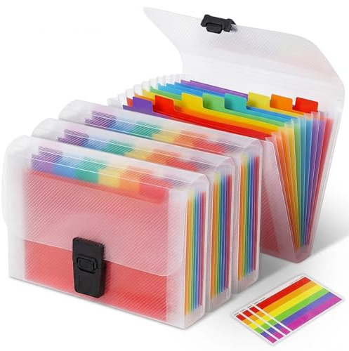 4 Pack A6 Concertina File Organiser, 13 Pockets Expanding Document Folder, Multicoloured Plastic Expanding Wallet with Rainbow Index Labels