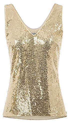 Donna maglietta a senza spalla vintage tank top paillettes sexy M Oro