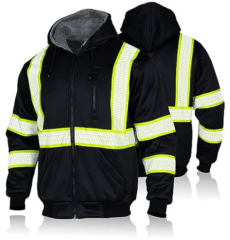 FONIRRA Men's High Visibility Safety ANSI Class 3 Lined Fleece Hoodie Sweatshirt with Black Bottom Jumper Workwear for Men(BlackS)