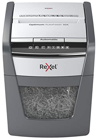 Rexel Optimum AutoFeed+ 50X Automatischer Aktenvernichter CH, 50 Blatt, Sicherheitsstufe P4, Partikelschnitt, für Zuhause/Home Office, 20 Liter Abfallbehälter, mit Schweizer Netzstecker, 2020050XCH