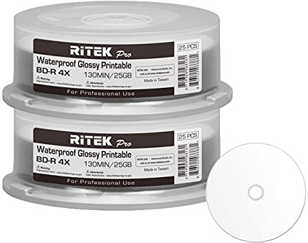 50 Pack Ritek Pro (Professional Grade) BD-R Blu-ray 4X 25GB Watershield Water Resistant Glossy White Inkjet Hub Printable Blank Recordable Disc