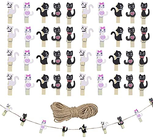 Grasslandy Holzklammern für Fotowand, Klein, Bunt, Deko, Wäscheklammern, Mini, Aufhängen, Kluppen, Hochzeit, Geschenk, Craft Decor, 60 Stück, 1,5 m Schnur, Birkenholz, Legierung, Schwarz, 3,5 x 0,7 cm