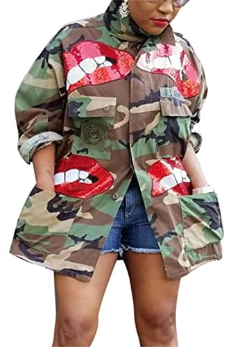 Ptorlio Womens Camo Jacket Long Sleeeve Camouflage Army Jackets Military Trench Coat PLus Size